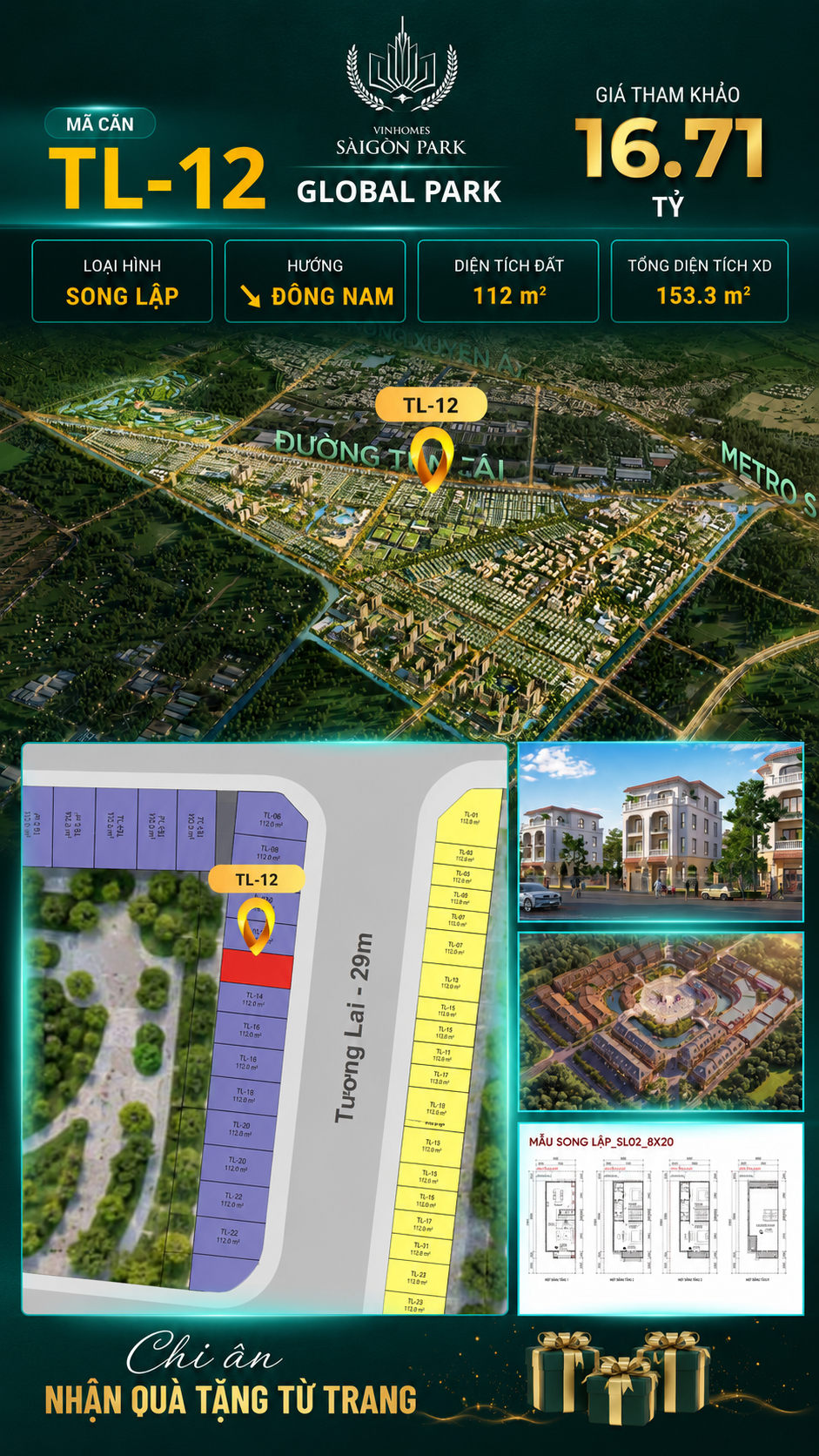 Biệt thự song lập TL-12 GLOBAL PARK Vinhomes Sài Gòn Park Giá 16.71 Tỷ