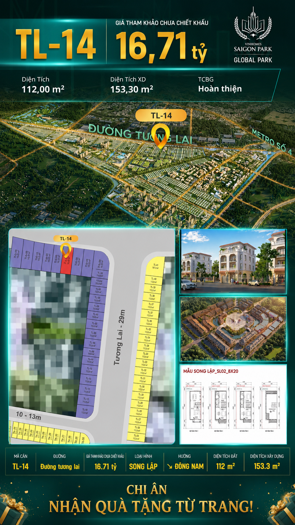 Biệt thự song lập TL-14 GLOBAL PARK Vinhomes Sài Gòn Park Giá 16.71 Tỷ