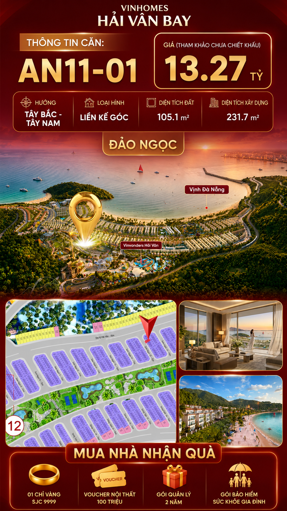 Bán Liền Kề Góc AN11-01 Vinhomes Hải Vân Bay Giá 13,27 Tỷ