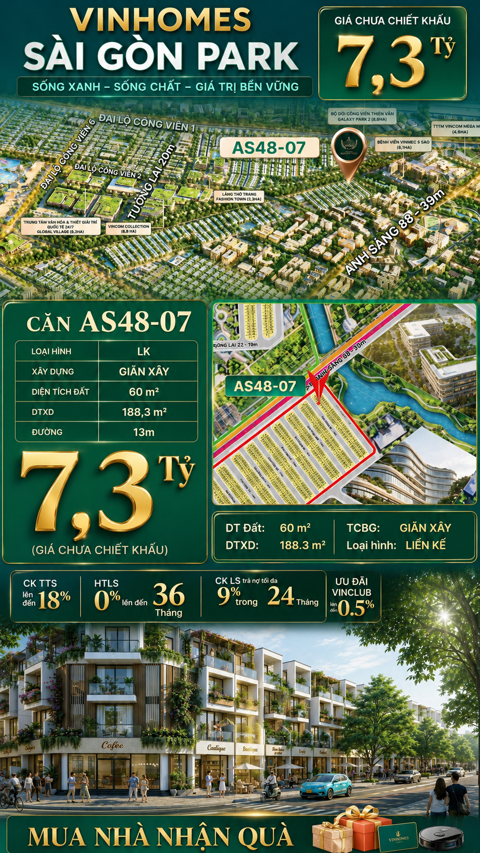 Nhà phố liền kề Vinhomes Sài Gòn Park AS48-07 giá 7.3 Tỷ