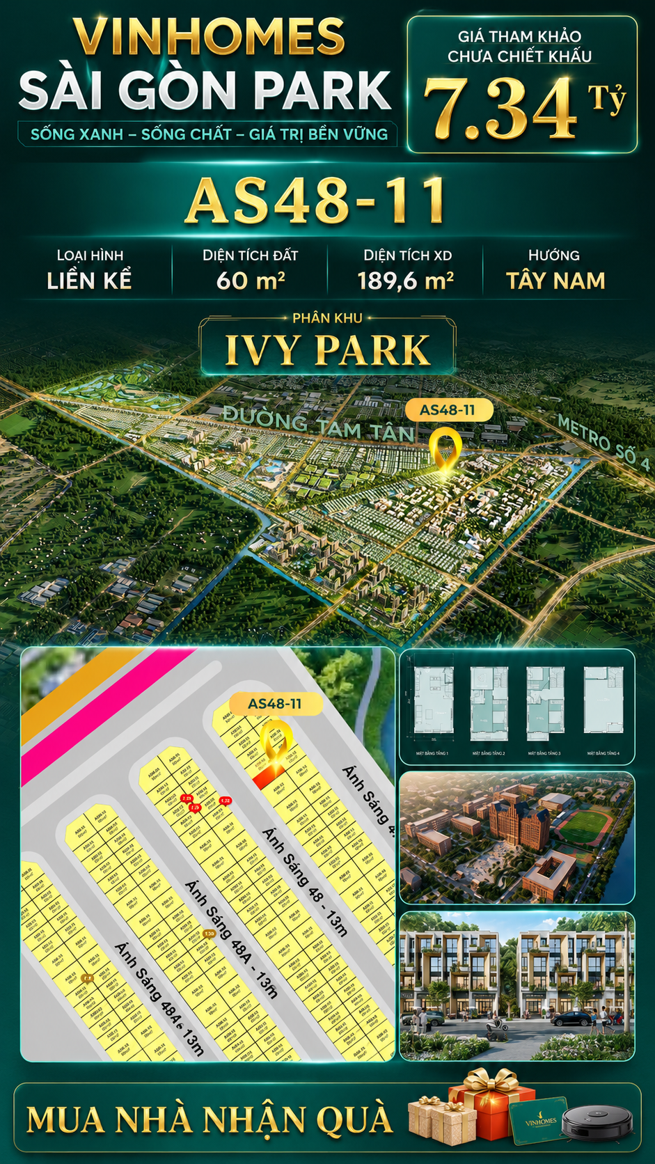 Nhà phố liền kề Vinhomes Sài Gòn Park AS48-11 giá 7.34 Tỷ