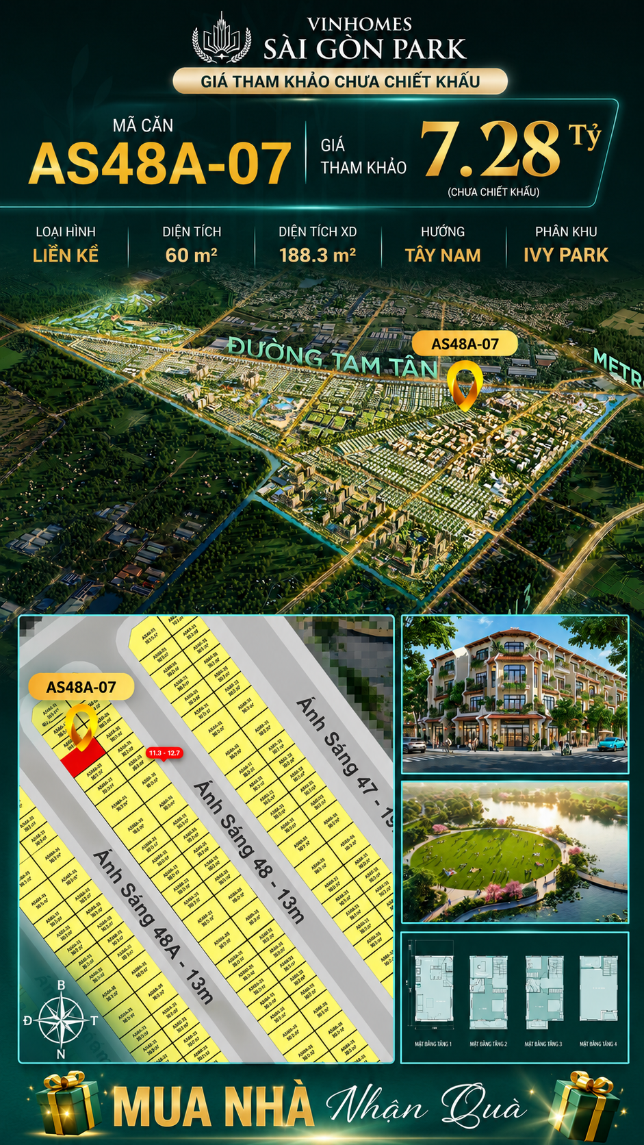 Nhà phố liền kề Vinhomes Sài Gòn Park AS48A-07 giá 7.28 Tỷ