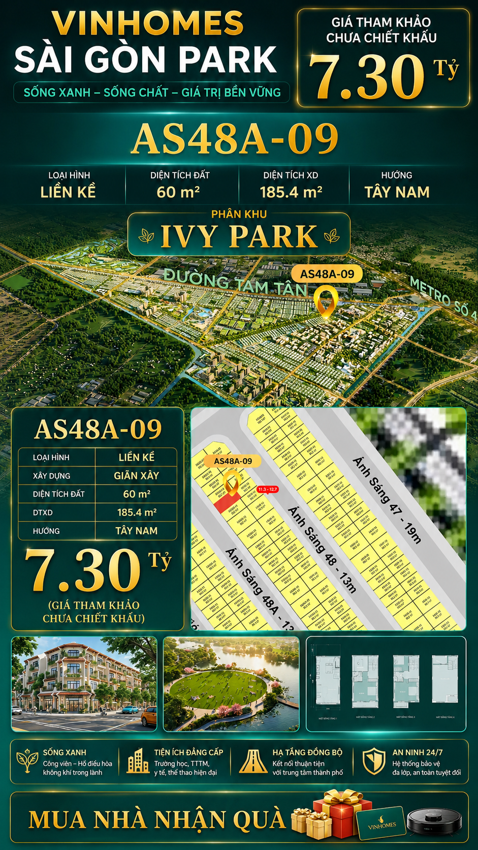 Nhà phố liền kề Vinhomes Sài Gòn Park AS48A-09 giá 7.3 Tỷ
