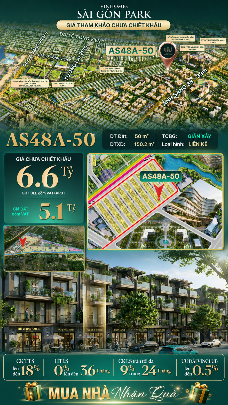 Nhà phố liền kề Vinhomes Sài Gòn Park AS48A-50 giá 6.6 Tỷ
