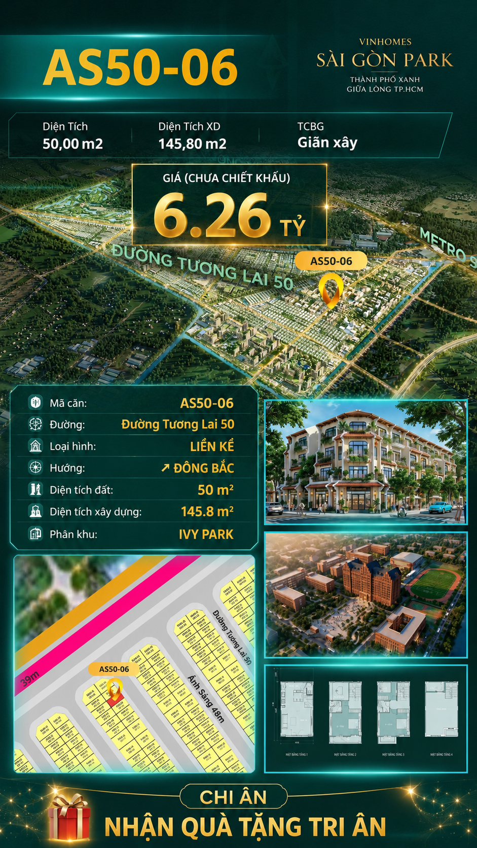 Nhà liền kề AS50-06 Ivy Park Vinhomes Sài Gòn Park Giá 6.26 Tỷ