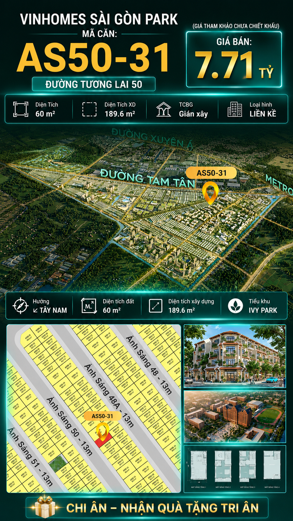 Nhà phố liền kề AS50-31 Ivy Park Vinhomes Sài Gòn Park Giá 7.71 Tỷ