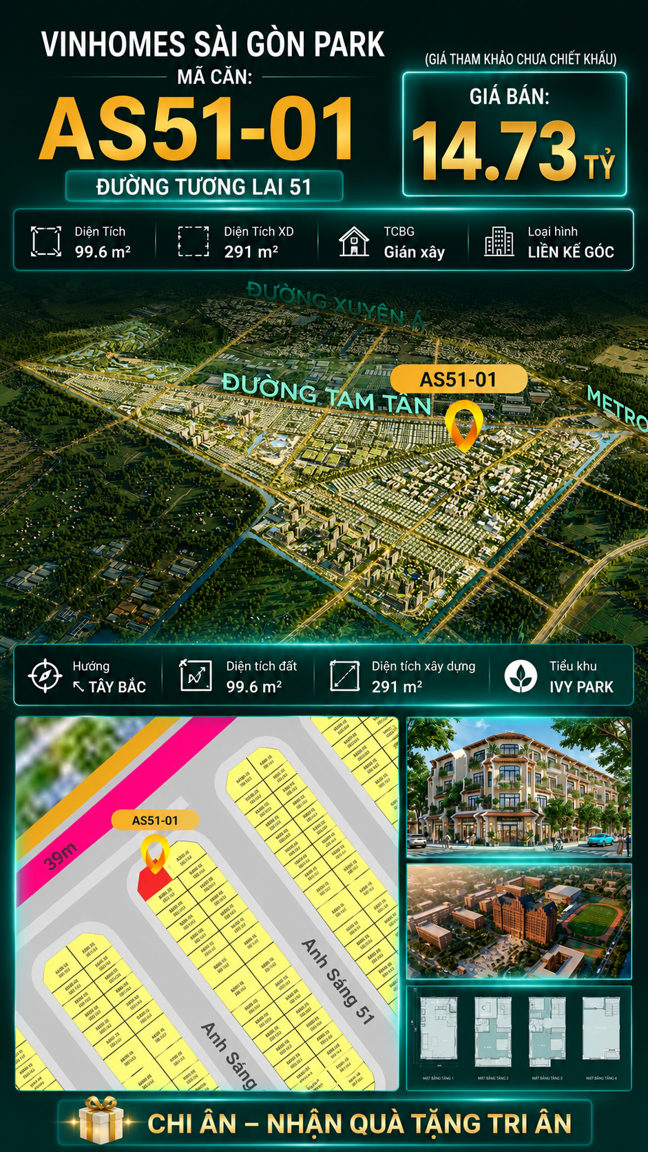 Nhà phố liền kề góc AS51-01 Ivy Park Vinhomes Sài Gòn Park Giá 14.73 Tỷ