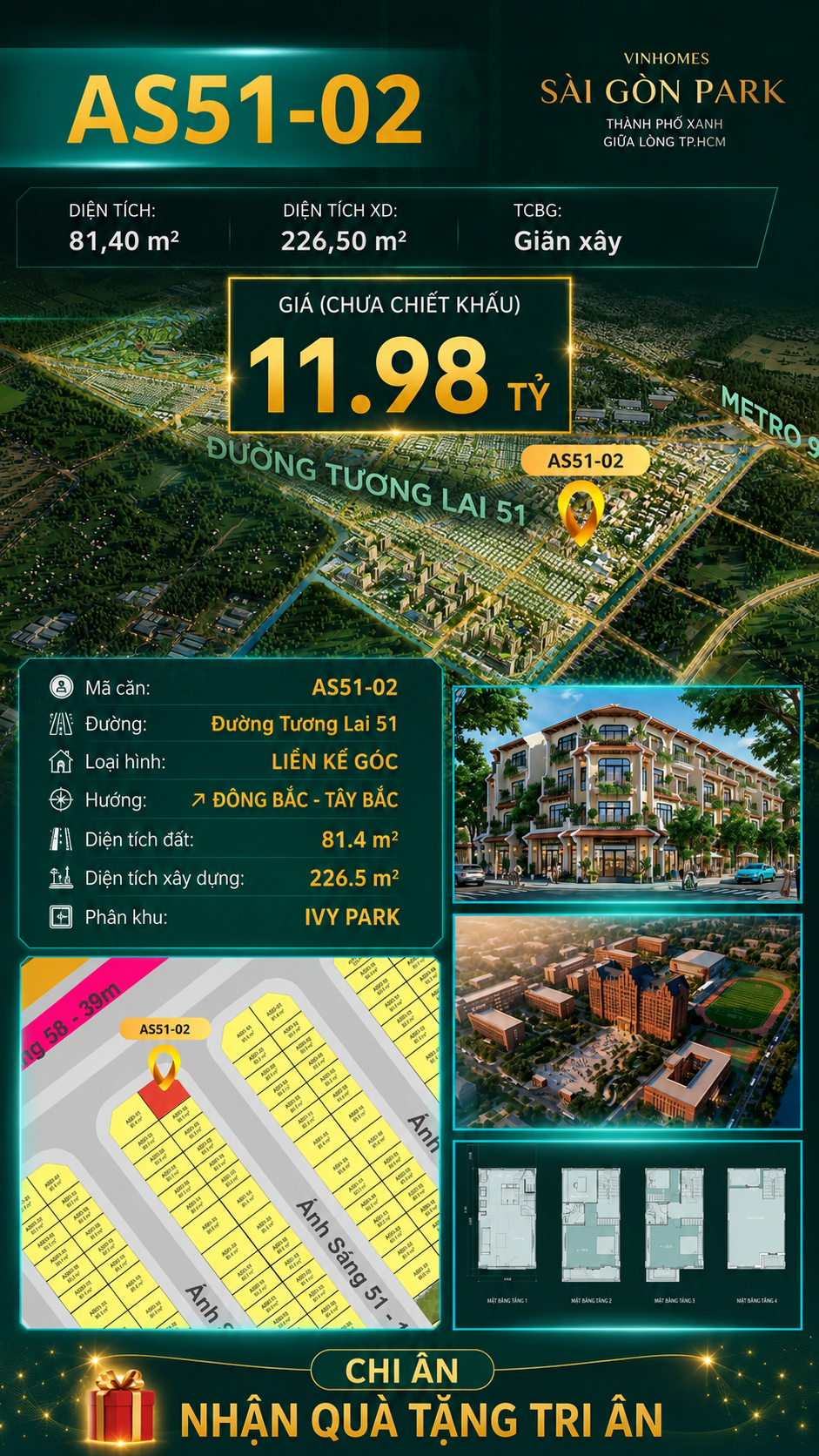 Nhà phố liền kề góc AS51-02 Ivy Park Vinhomes Sài Gòn Park Giá 11.98 Tỷ