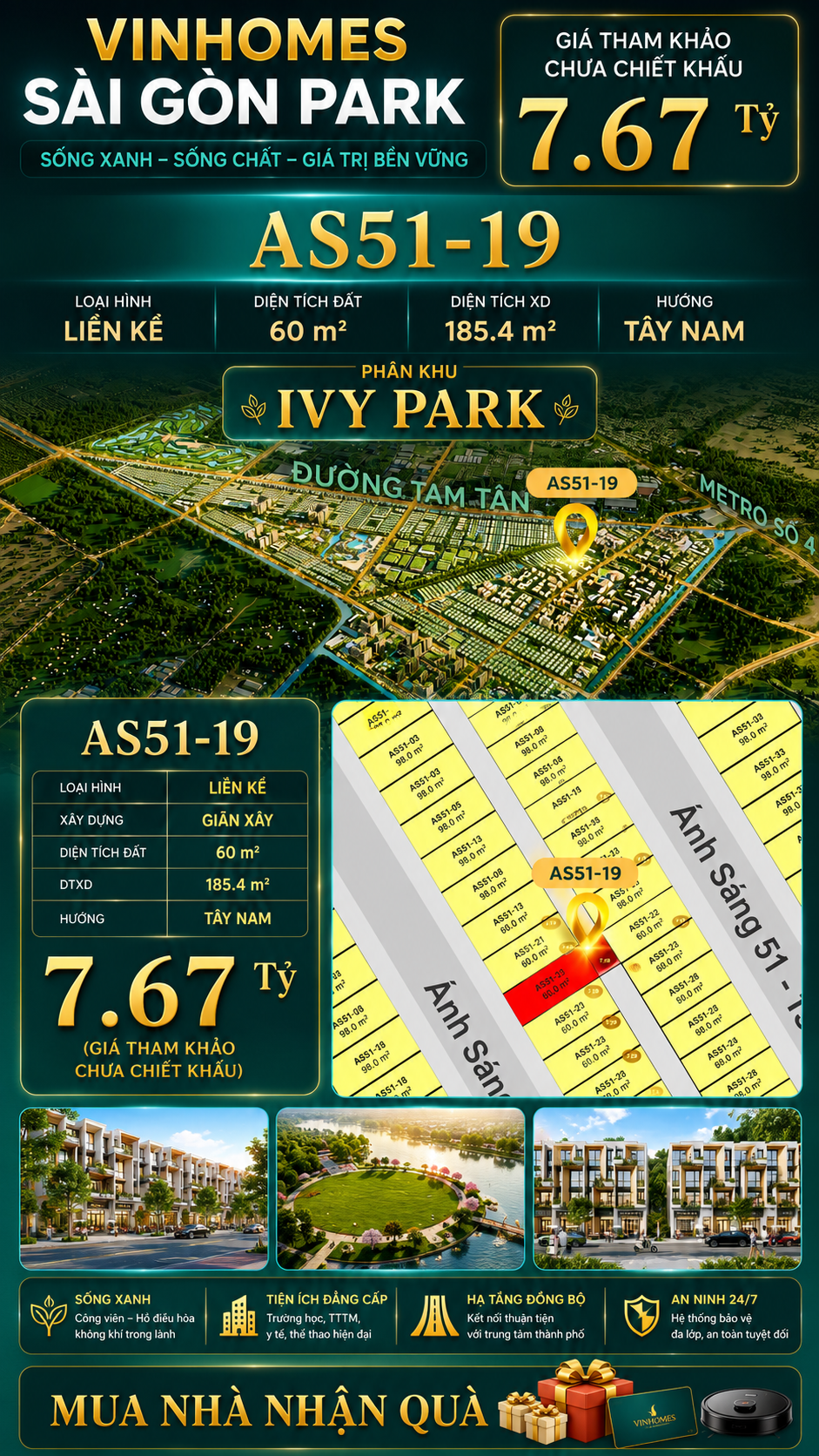 Nhà phố liền kề Vinhomes Sài Gòn Park AS51-19 giá 7.67 Tỷ