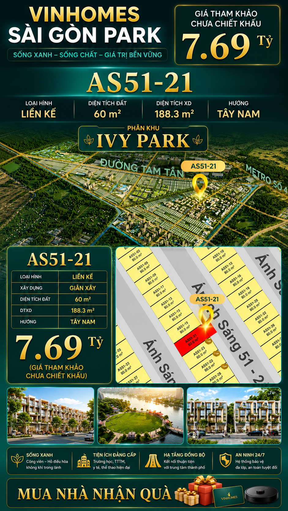 Nhà phố liền kề Vinhomes Sài Gòn Park AS51-21 giá 7.69 Tỷ