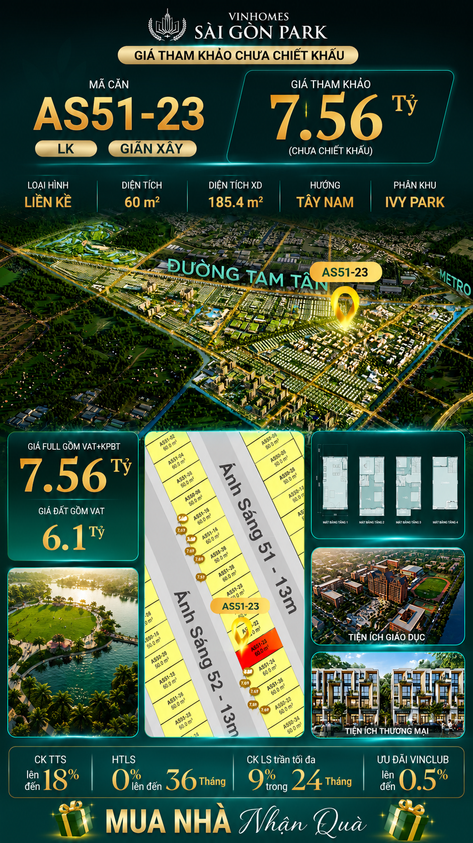 Nhà phố liền kề Vinhomes Sài Gòn Park AS51-23 giá 7.56 Tỷ