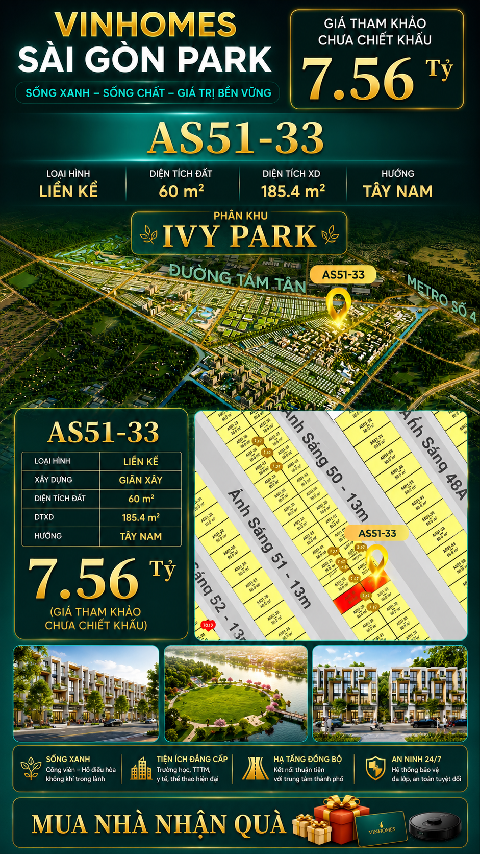 Nhà phố liền kề Vinhomes Sài Gòn Park AS51-33 giá 7.56 Tỷ