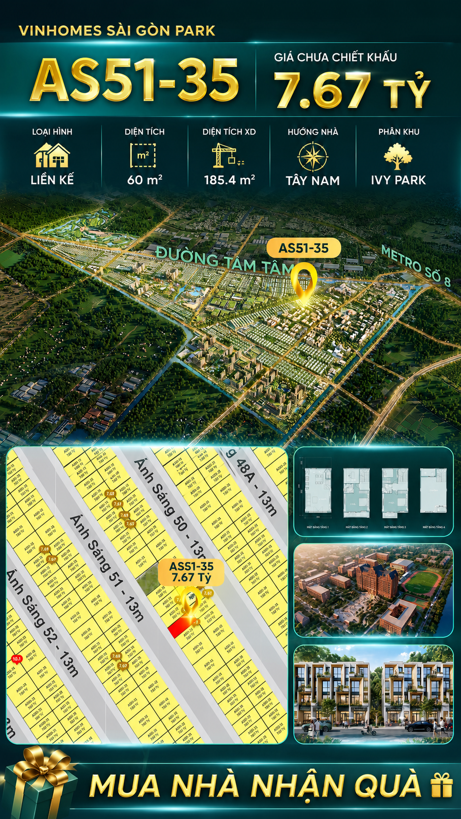 Nhà phố liền kề Vinhomes Sài Gòn Park AS51-35 giá 7.67 Tỷ