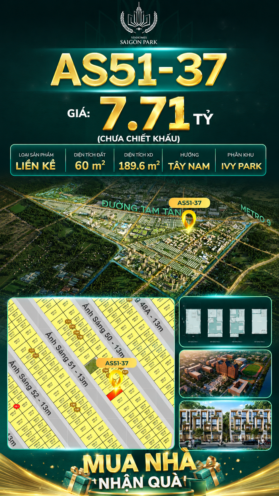 Nhà phố liền kề Vinhomes Sài Gòn Park AS51-37 giá 7.71 Tỷ