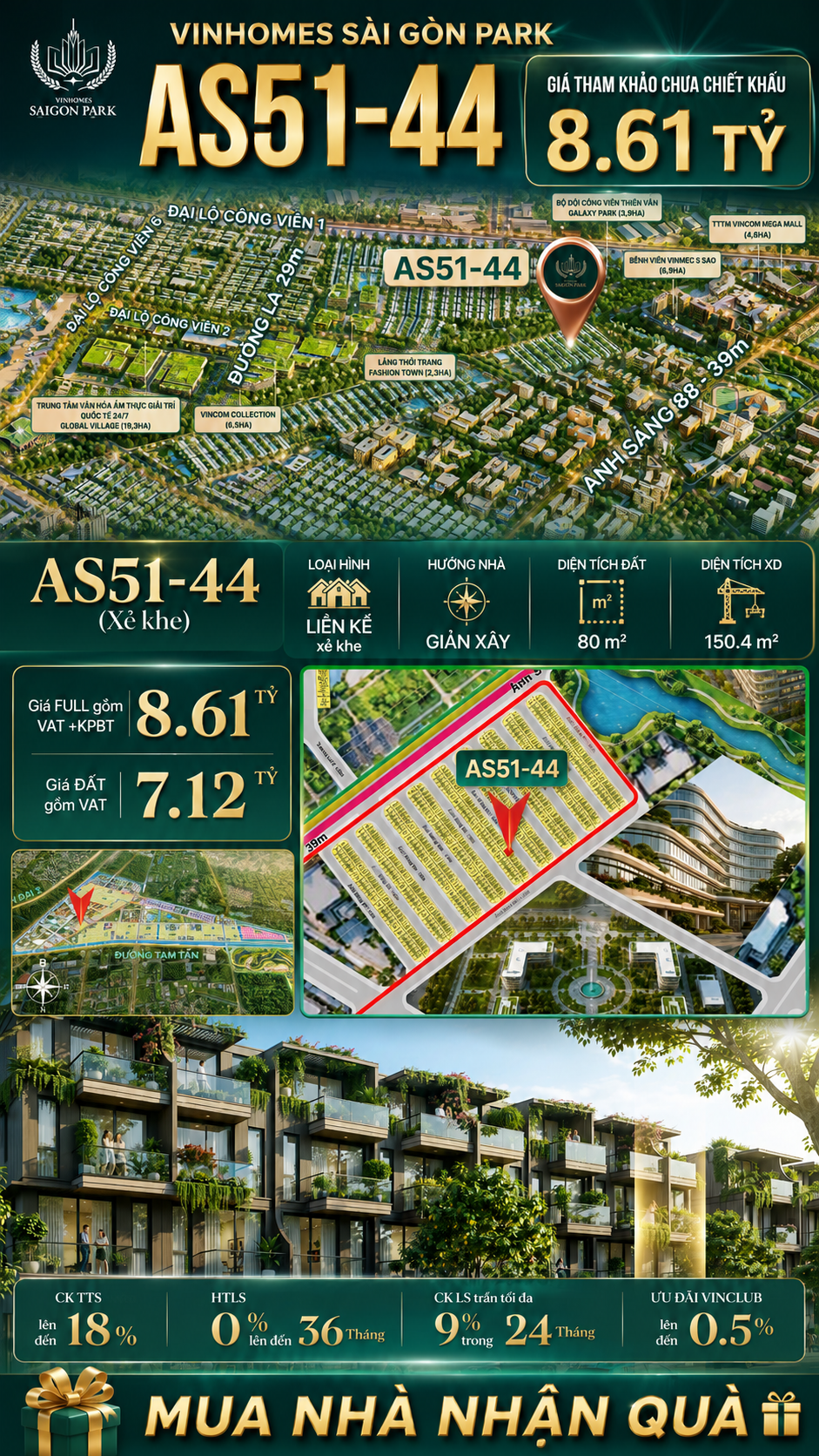 Nhà phố liền kề xẻ khe Vinhomes Sài Gòn Park AS51-44 giá 8.61 Tỷ