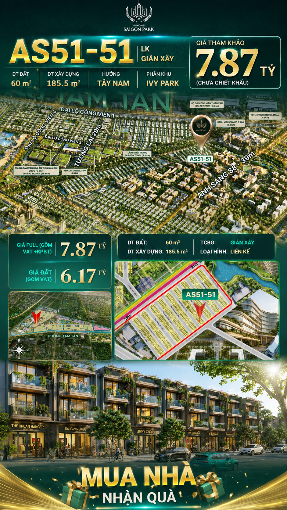 Nhà phố liền kề Vinhomes Sài Gòn Park AS51-51 giá 7.87 Tỷ
