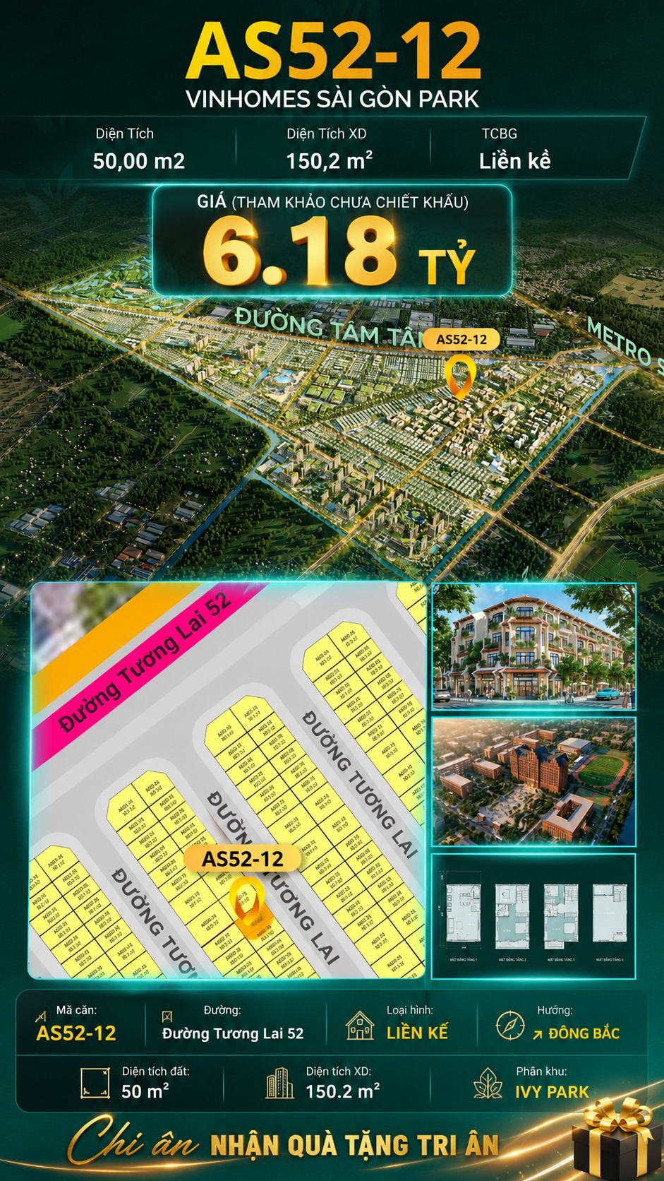 Nhà phố liền kề AS52-12 Ivy Park Vinhomes Sài Gòn Park Giá 6.18 Tỷ