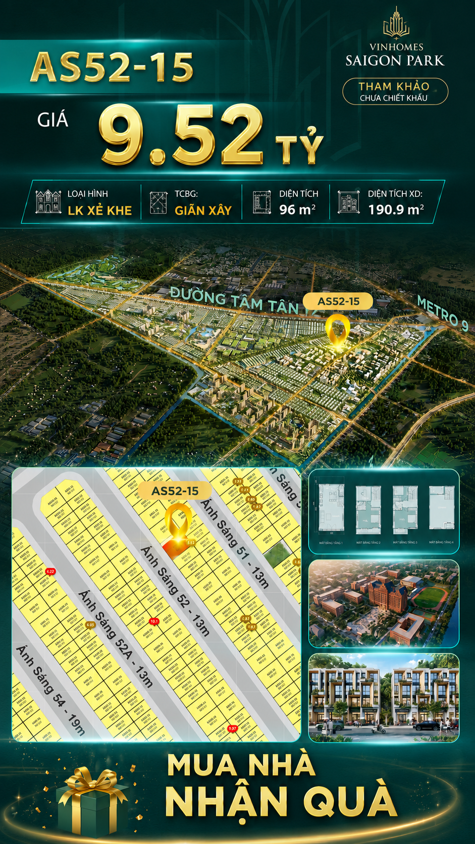 Nhà phố liền kề xẻ khe Vinhomes Sài Gòn Park AS52-15 giá 9.52 Tỷ