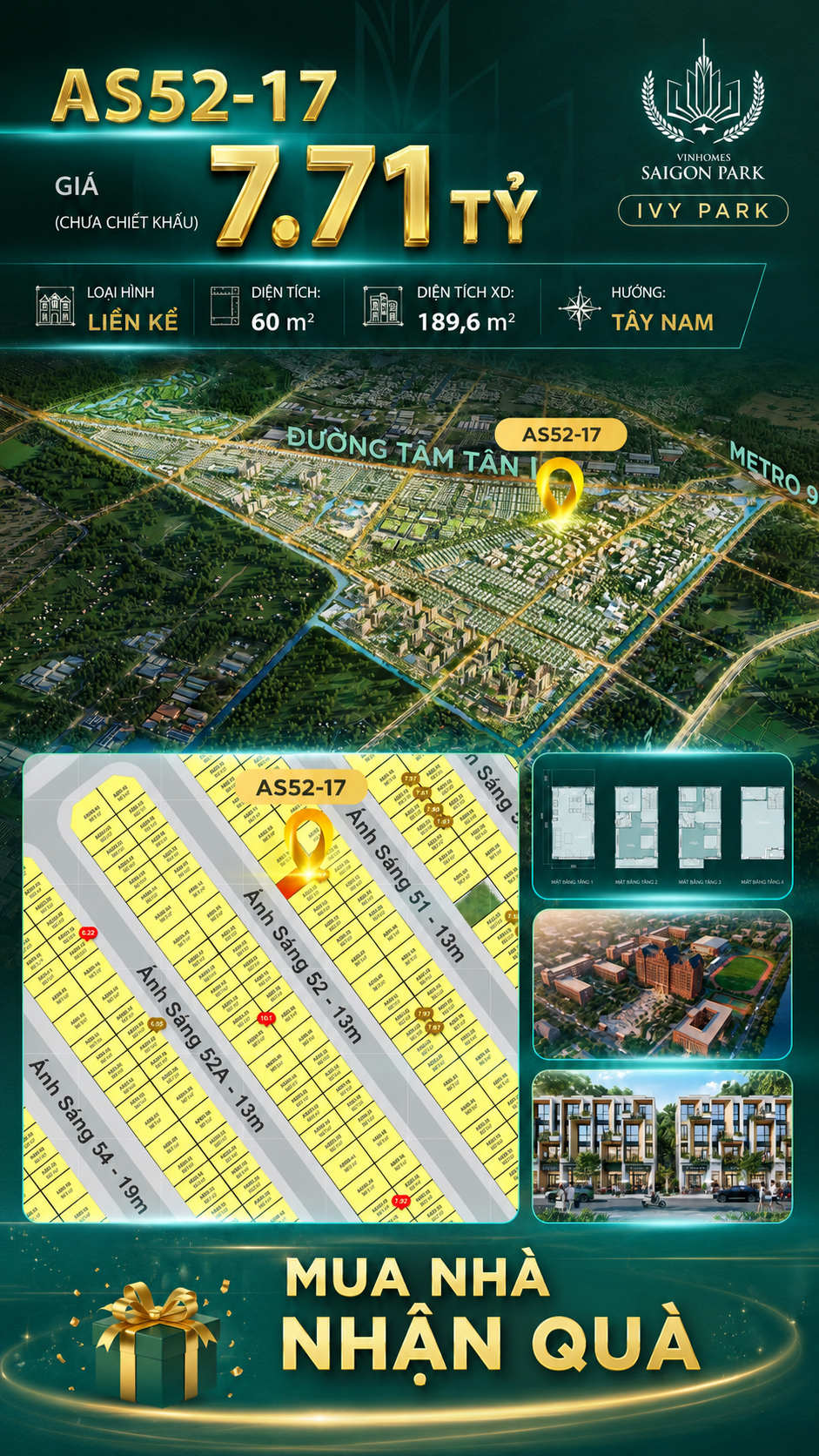 Nhà phố liền kề Vinhomes Sài Gòn Park AS52-17 giá 7.71 Tỷ