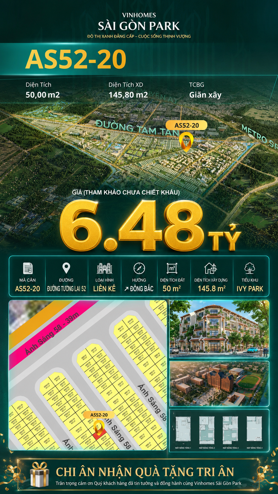 Nhà phố liền kề AS52-20 Ivy Park Vinhomes Sài Gòn Park Giá 6.48 Tỷ