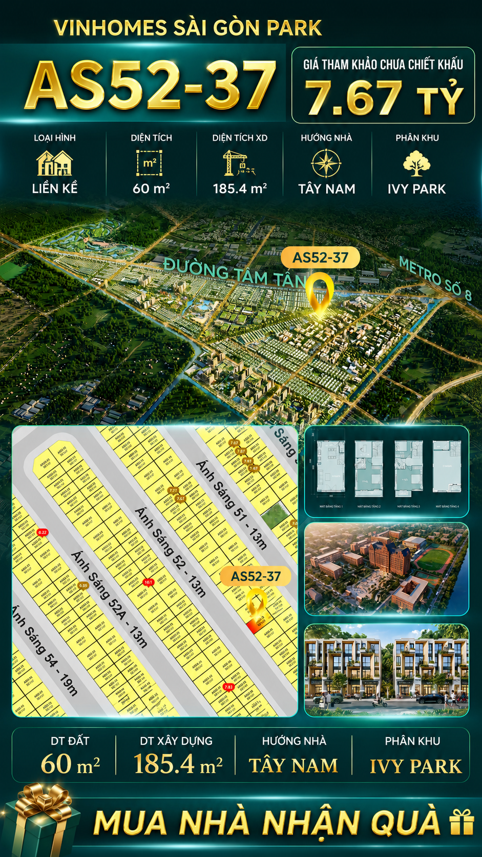 Nhà phố liền kề Vinhomes Sài Gòn Park AS52-37 giá 7.67 Tỷ