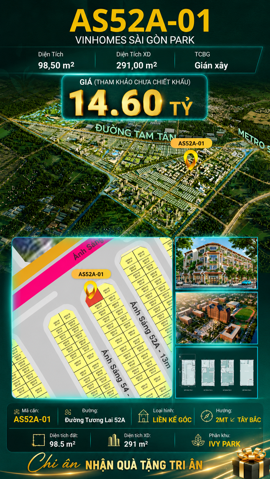 Nhà phố liền kề góc AS52A-01 Ivy Park Vinhomes Sài Gòn Park Giá 14.60 Tỷ