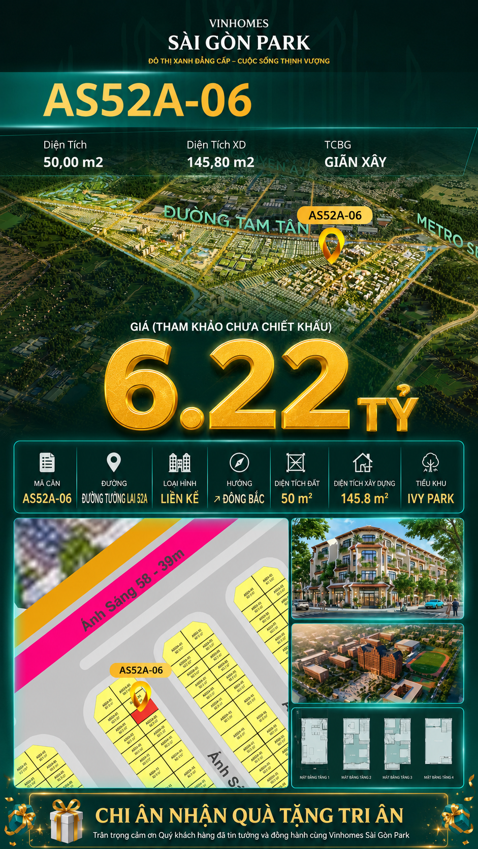 Nhà phố liền kề AS52A-06 Ivy Park Vinhomes Sài Gòn Park Giá 6.22 Tỷ