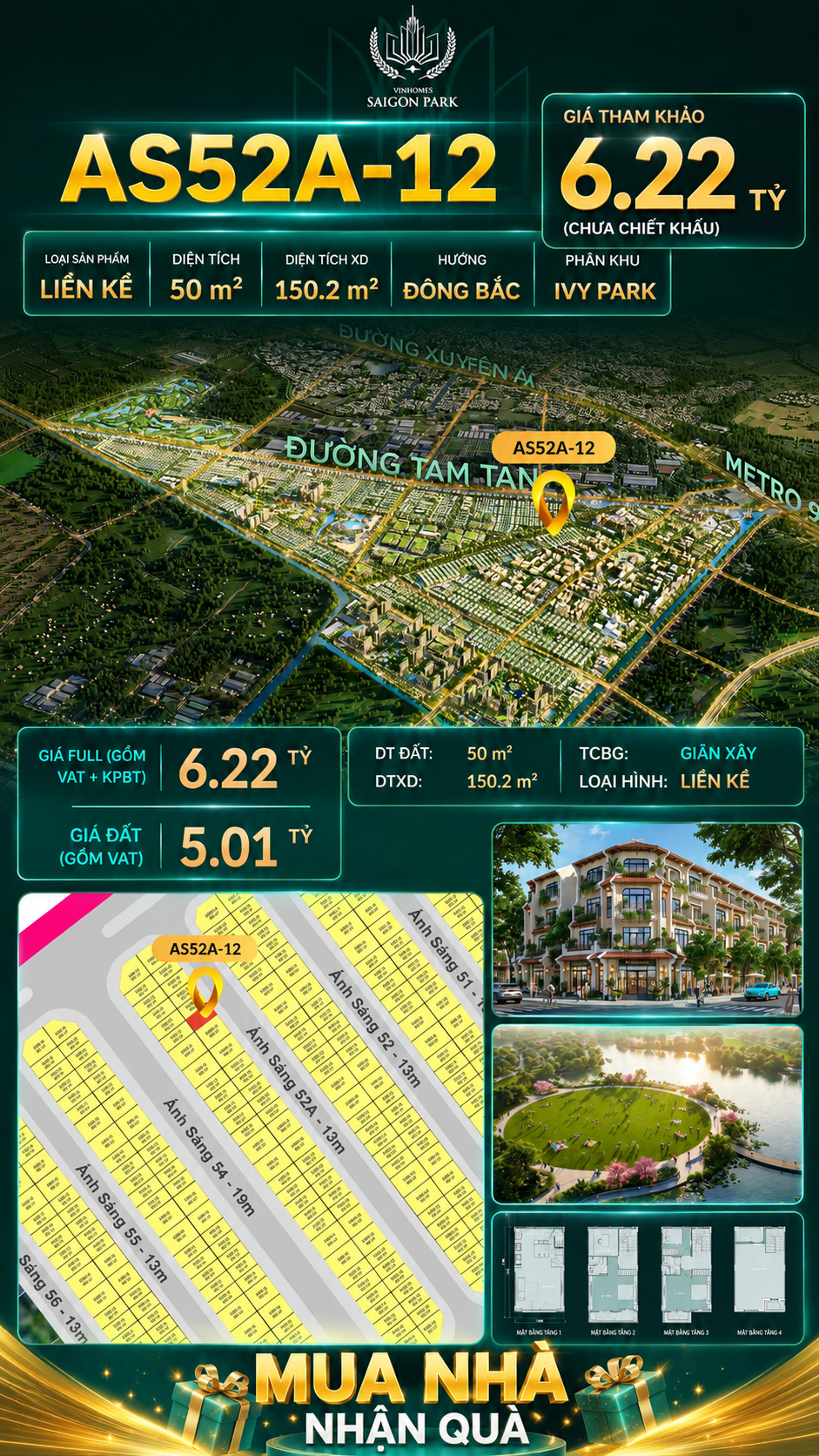Nhà phố liền kề Vinhomes Sài Gòn Park AS52A-12 giá 6.22 Tỷ