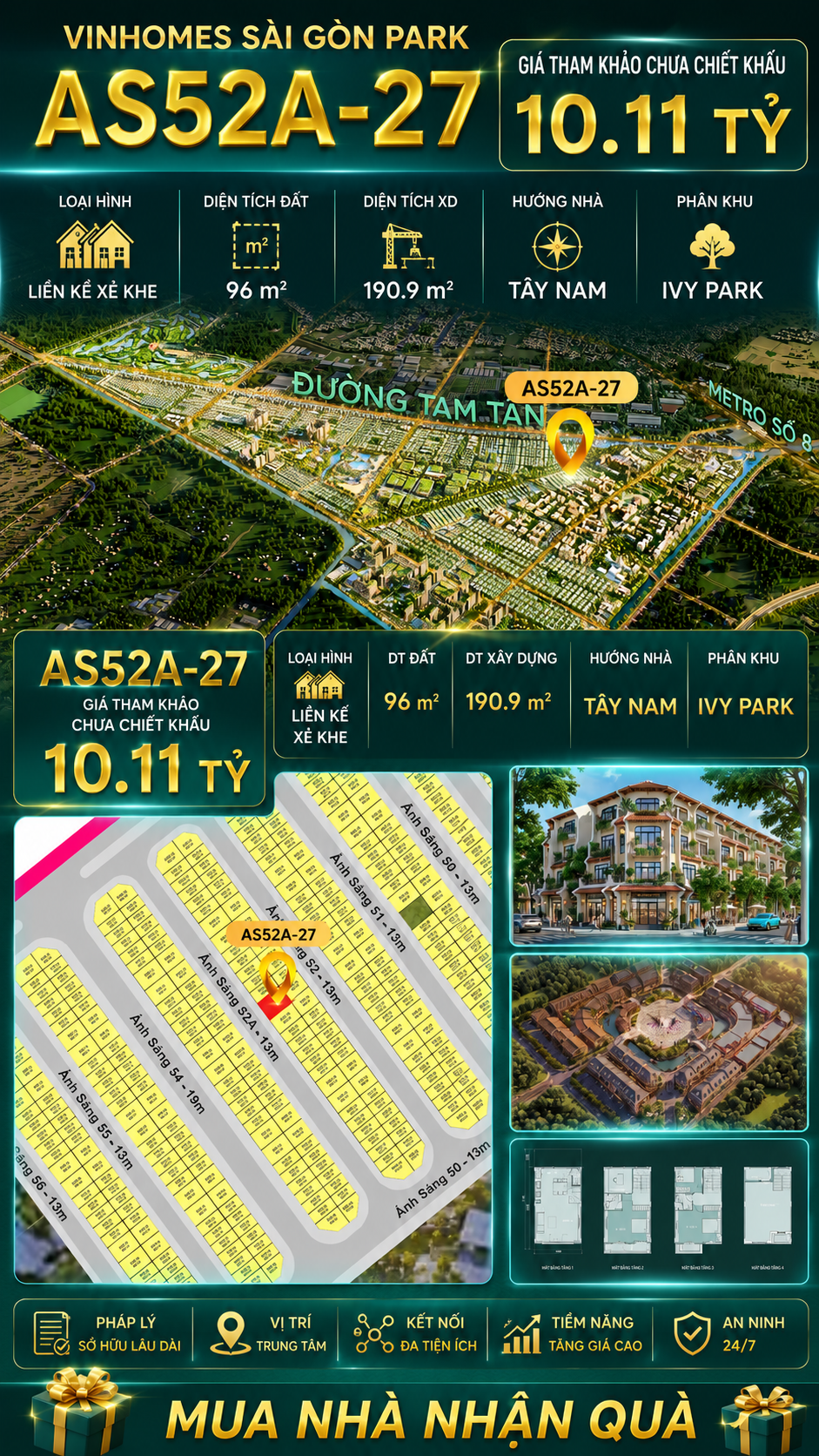 Nhà phố liền kề xẻ khe Vinhomes Sài Gòn Park AS52A-27 giá 10.11 Tỷ