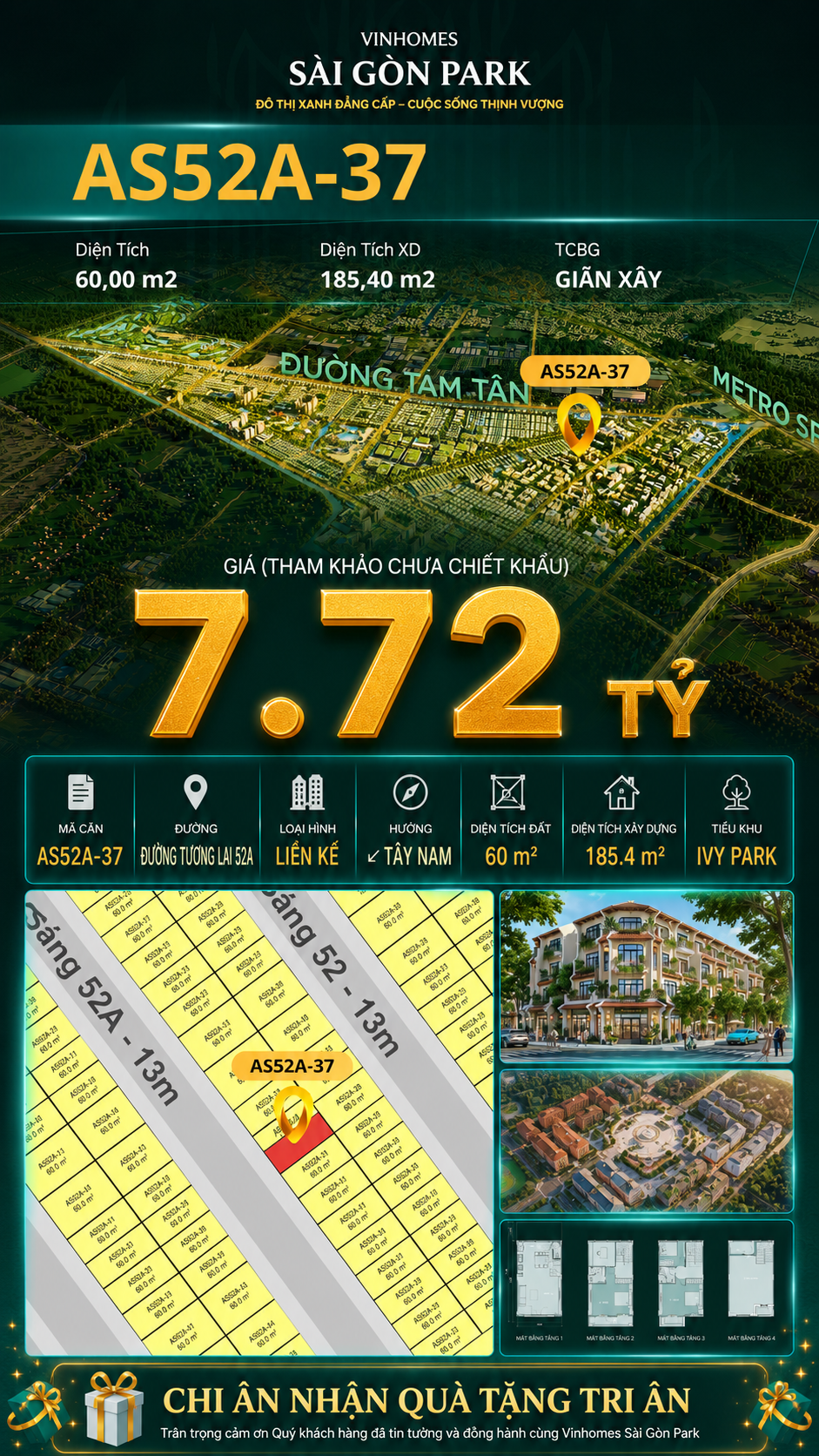 Nhà phố liền kề AS52A-37 Ivy Park Vinhomes Sài Gòn Park Giá 7.72 Tỷ