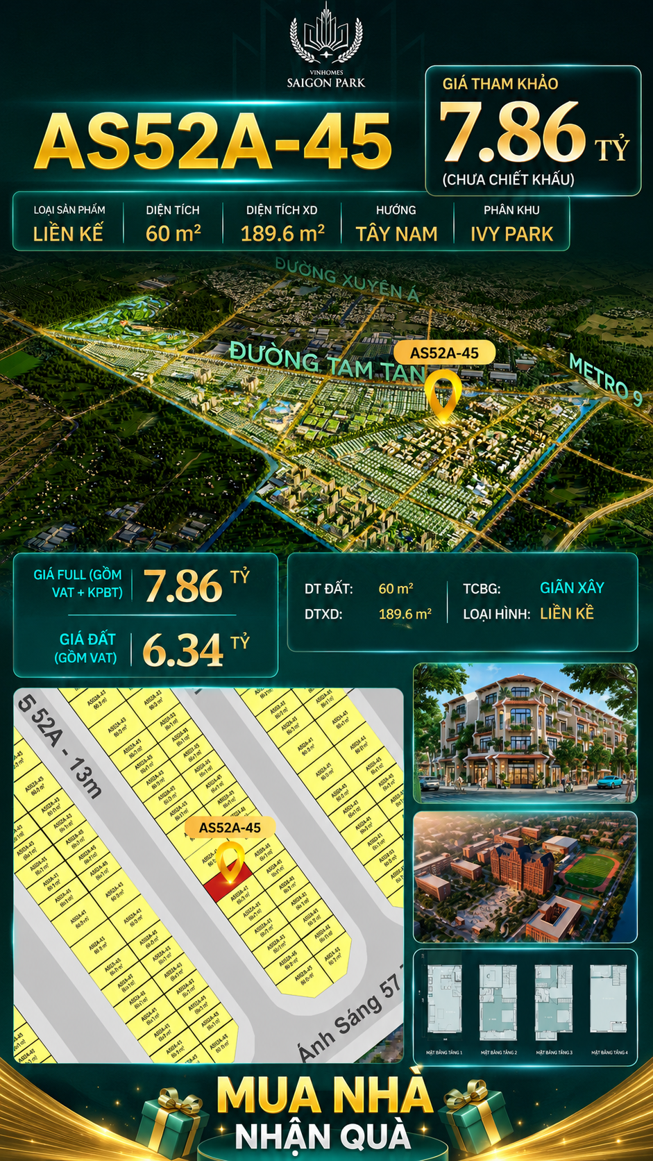 Nhà phố liền kề Vinhomes Sài Gòn Park AS52A-45 giá 7.86 Tỷ