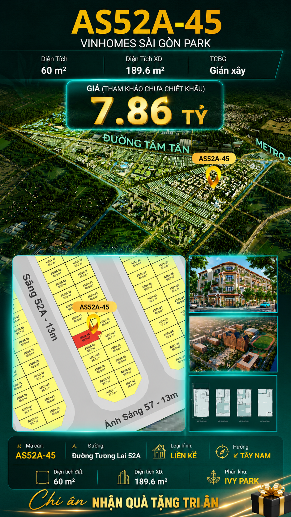 Nhà phố liền kề AS52A-45 Ivy Park Vinhomes Sài Gòn Park Giá 7.86 Tỷ
