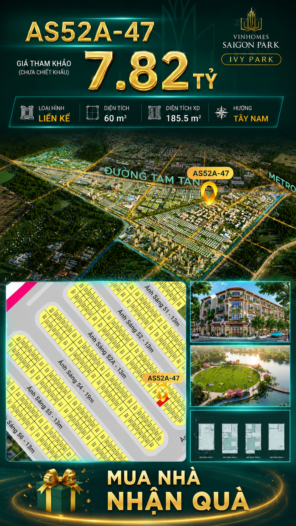 Nhà phố liền kề Vinhomes Sài Gòn Park AS52A-47 giá 7.82 Tỷ