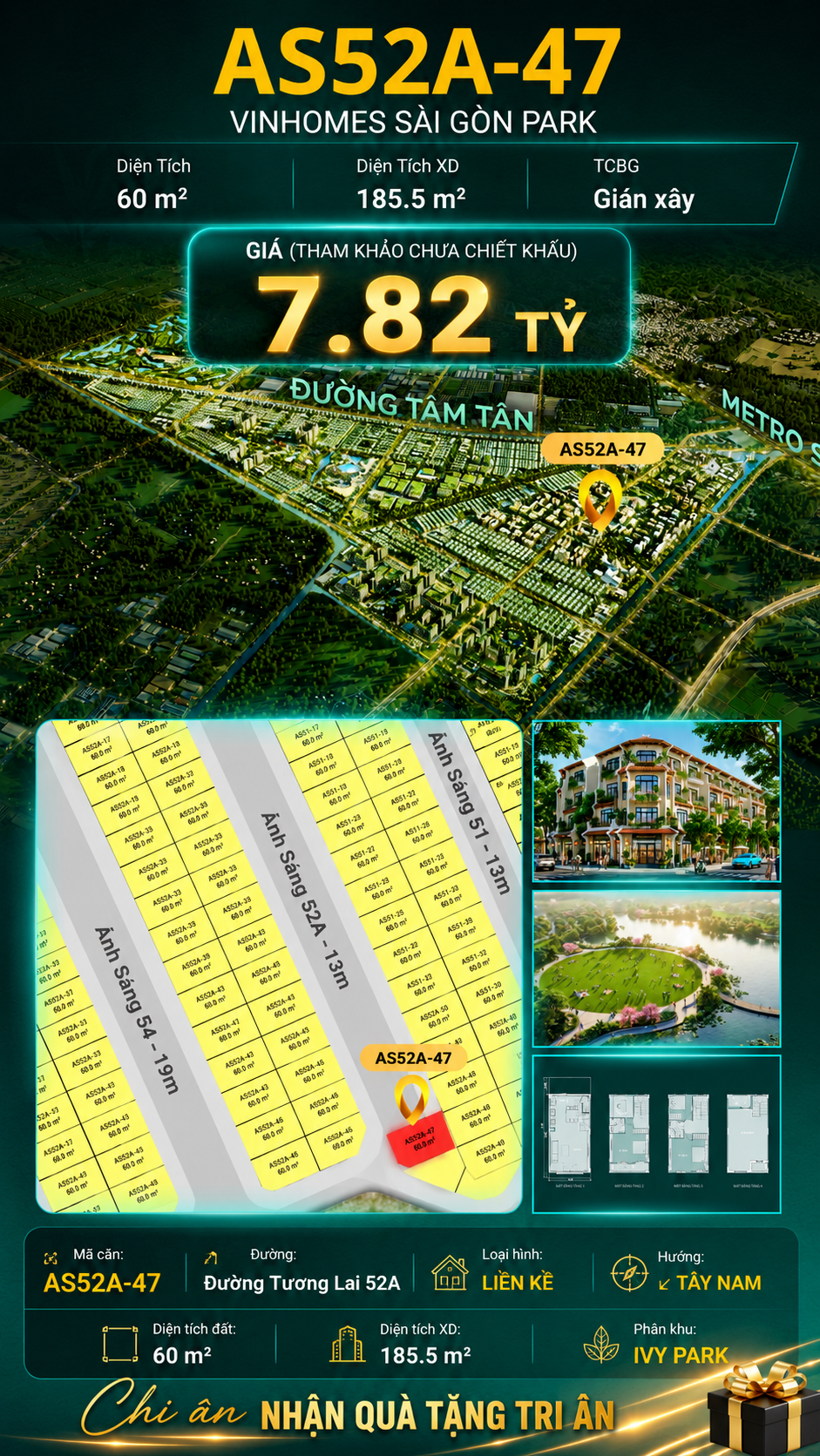Nhà phố liền kề AS52A-47 Ivy Park Vinhomes Sài Gòn Park Giá 7.82 Tỷ
