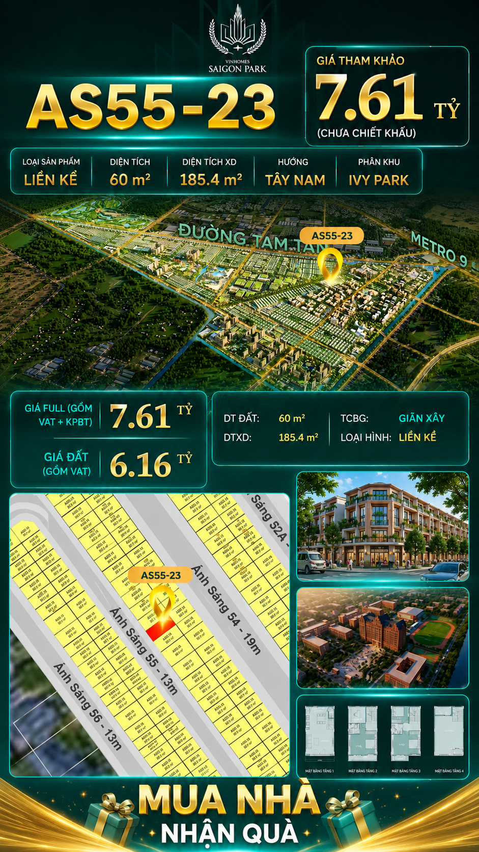 Nhà phố Vinhomes Sài Gòn Park AS55-23 giá 7.61 tỷ