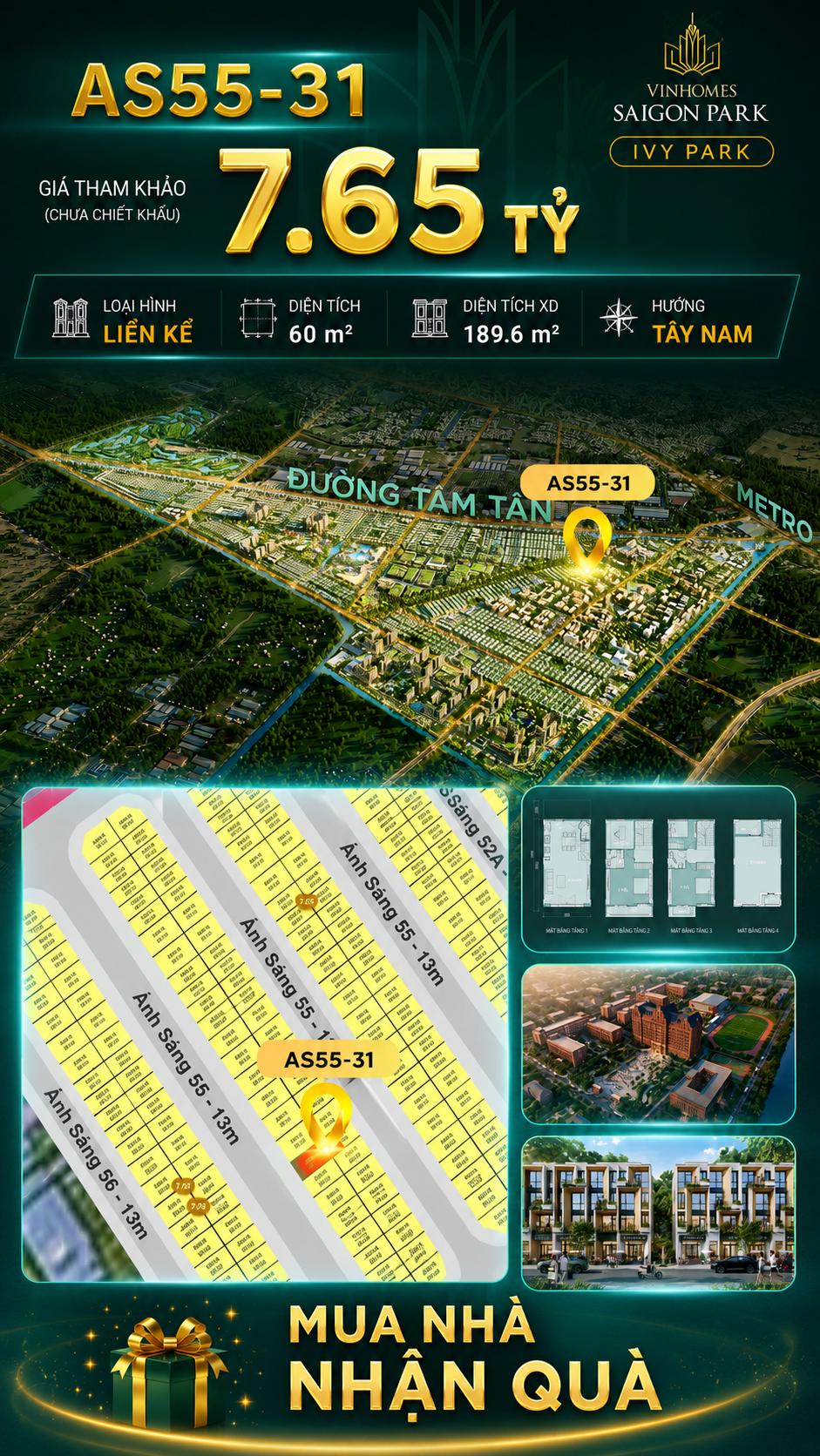 Nhà phố Vinhomes Sài Gòn Park AS55-31 giá 7.65 tỷ