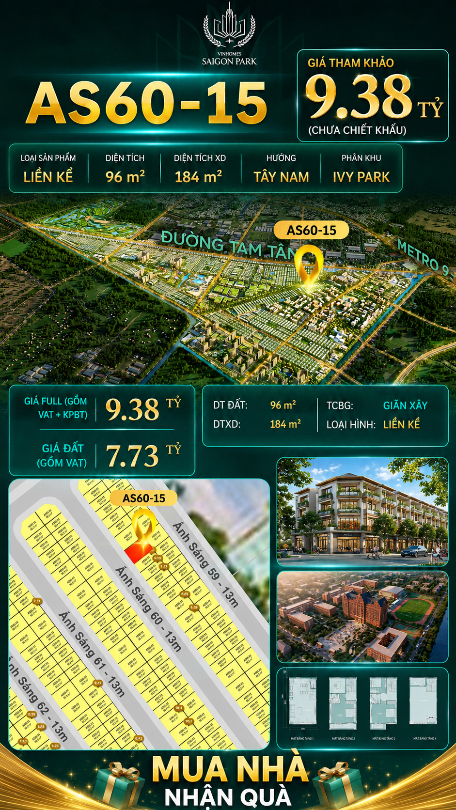 Nhà phố Vinhomes Sài Gòn Park AS60-15 giá 9.38 tỷ