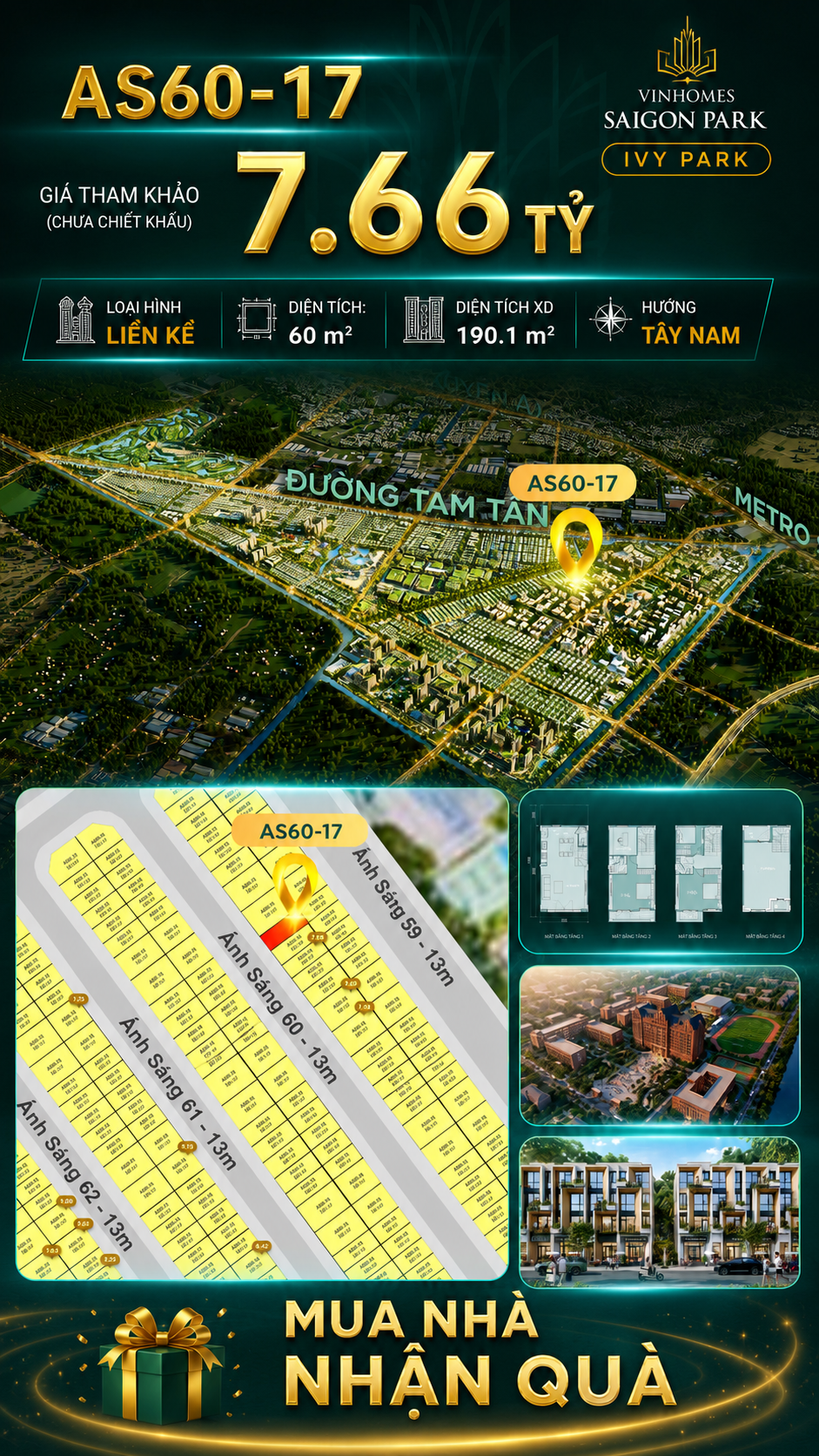 Nhà phố Vinhomes Sài Gòn Park AS60-17 giá 7.66 tỷ