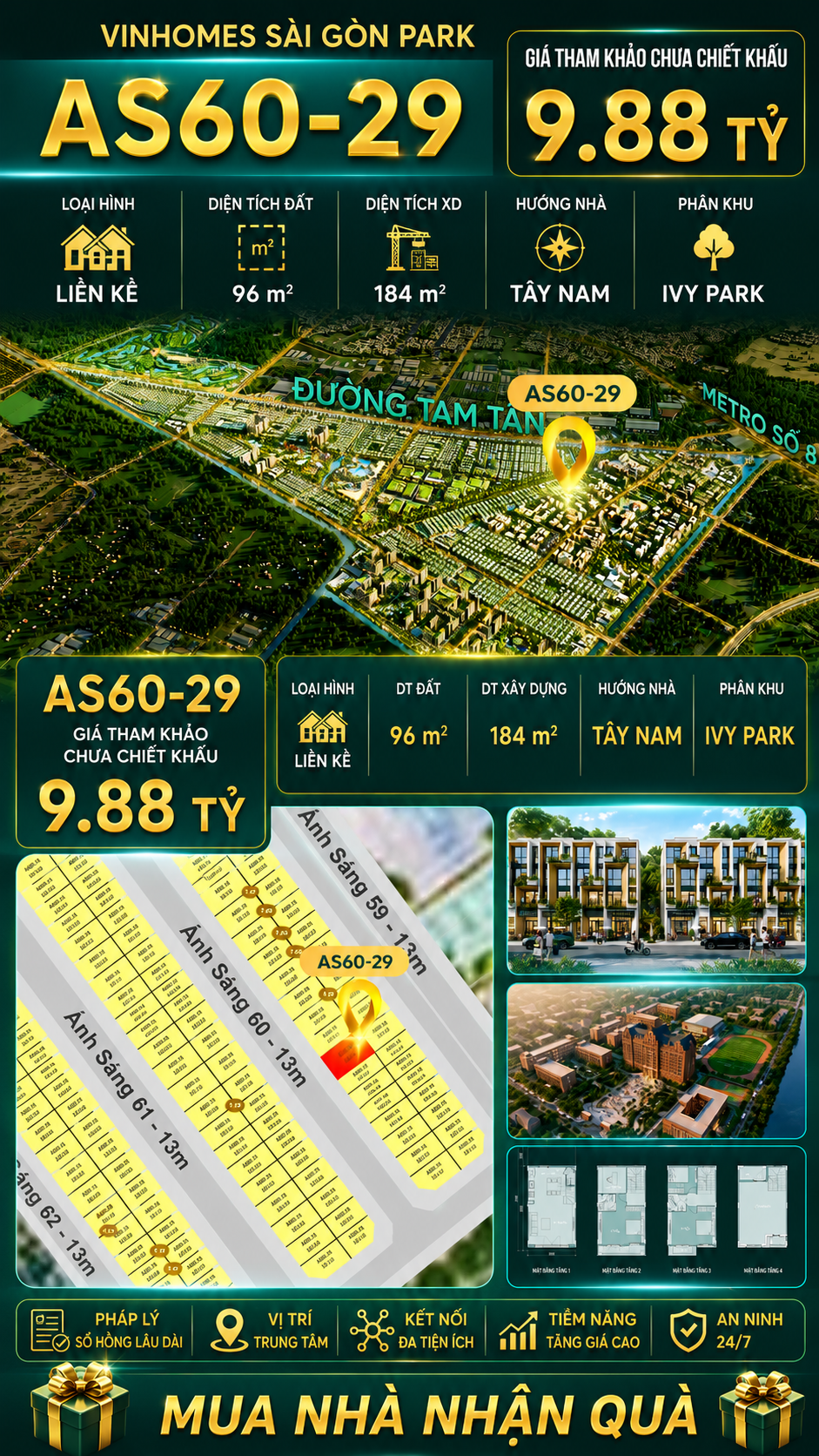 Nhà phố Vinhomes Sài Gòn Park AS60-29 giá 9.88 tỷ