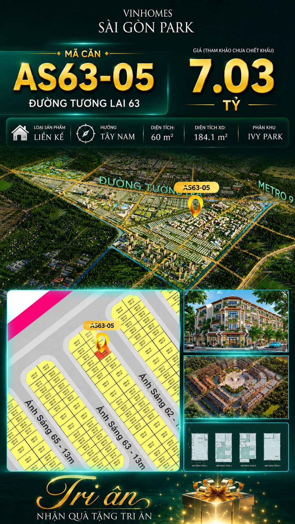 Nhà phố liền kề AS63-05 Ivy Park Vinhomes Sài Gòn Park Giá 7.03 Tỷ
