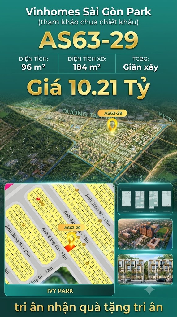 Nhà phố liền kề xẻ khe AS63-29 Ivy Park Vinhomes Sài Gòn Park Giá 10.21 Tỷ
