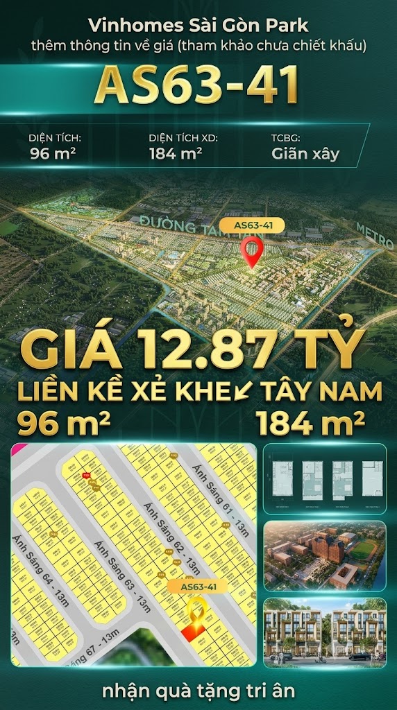 Nhà phố liền kề xẻ khe AS63-41 Ivy Park Vinhomes Sài Gòn Park Giá 12.87 Tỷ