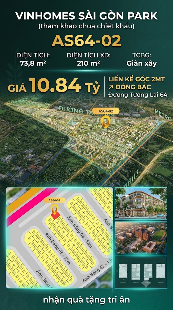 Nhà phố liền kề góc AS64-02 Ivy Park Vinhomes Sài Gòn Park Giá 10.84 Tỷ