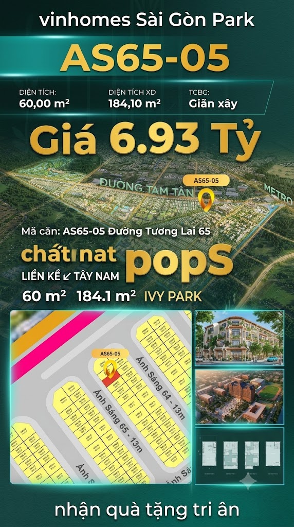 Nhà phố liền kề AS65-05 Ivy Park Vinhomes Sài Gòn Park Giá 6.93 Tỷ