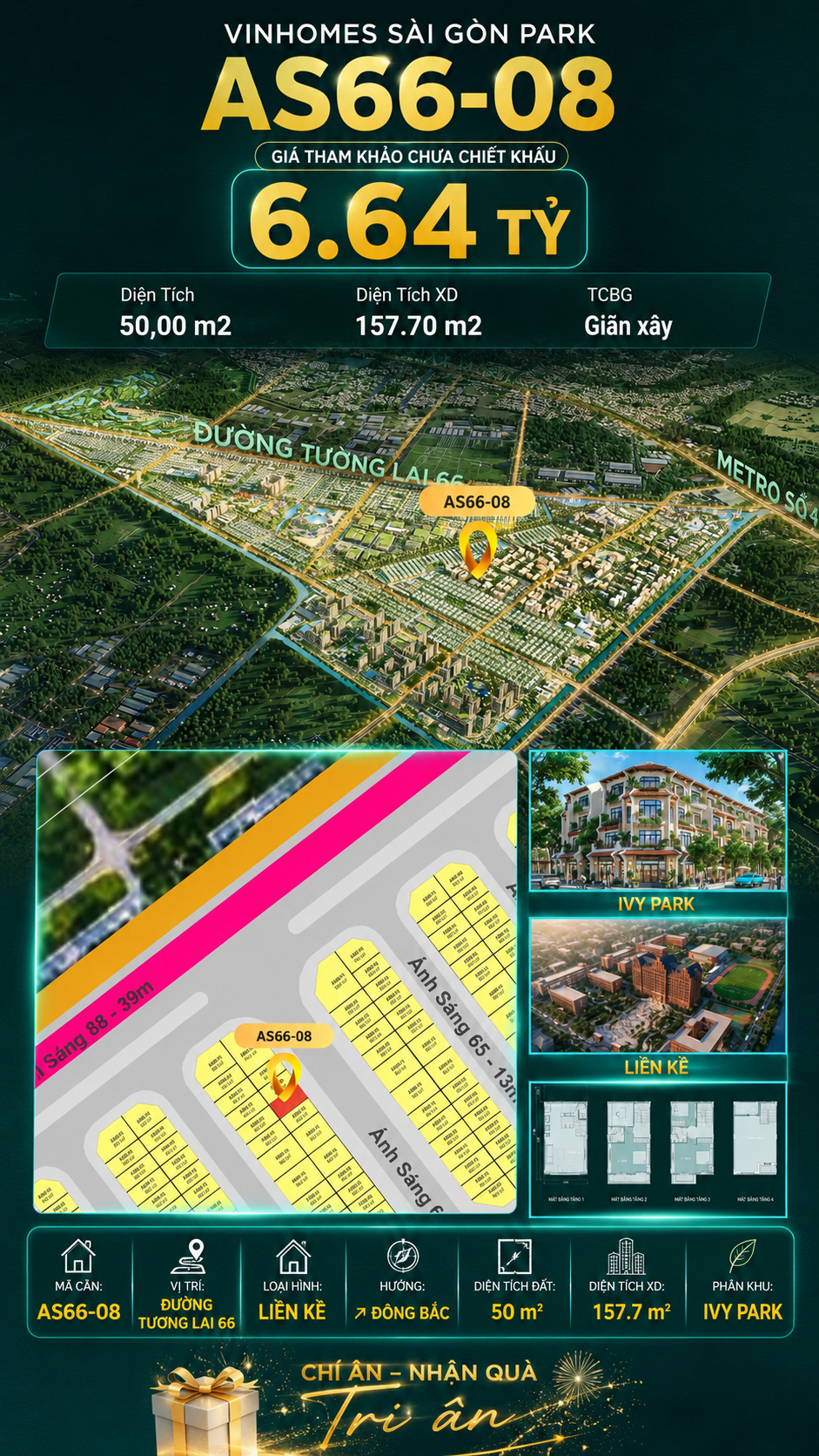 Nhà phố AS66-08 Ivy Park Vinhomes Sài Gòn Park Giá 6.64 Tỷ 50m²