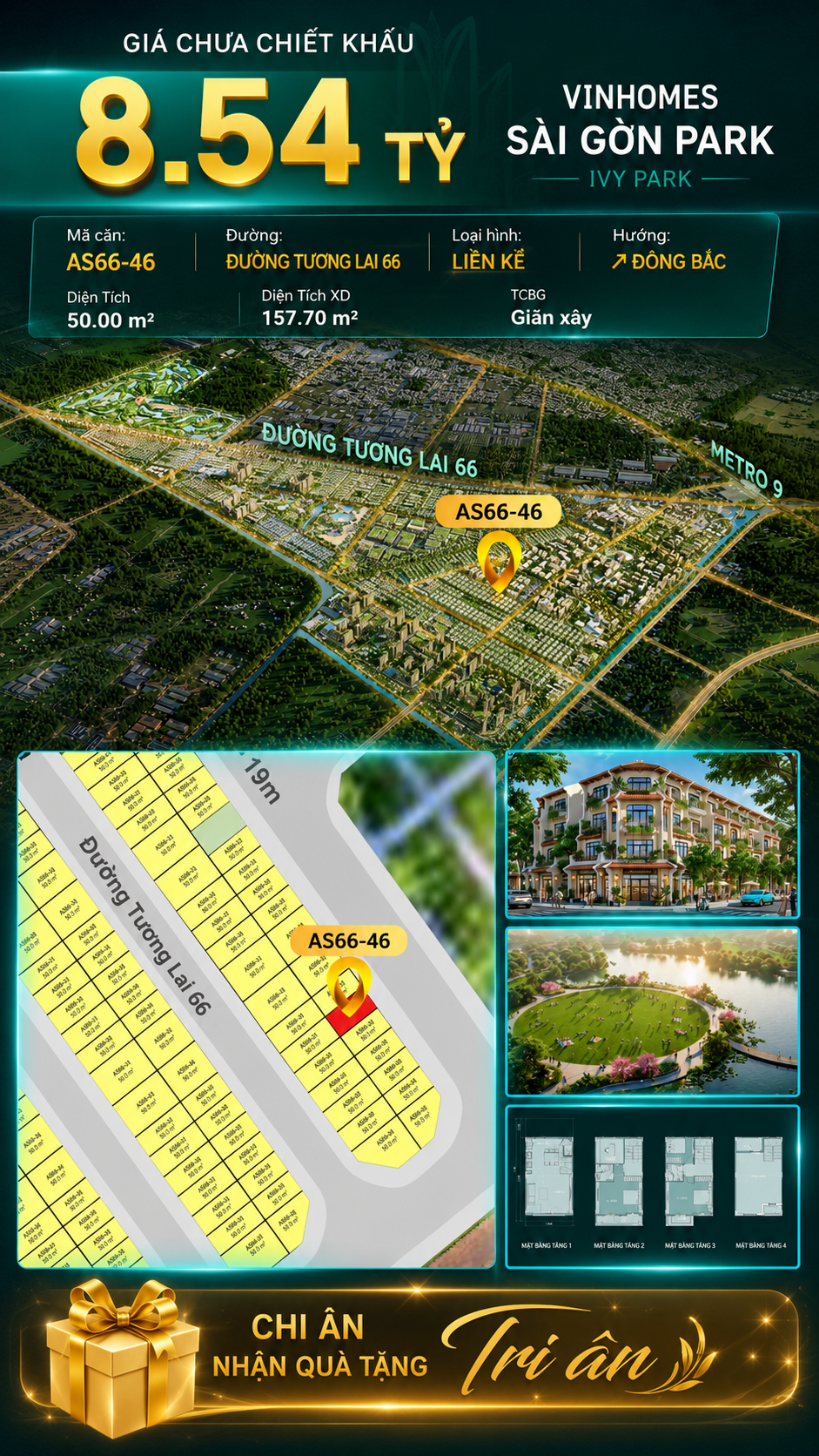 Nhà phố AS66-46 Ivy Park Vinhomes Sài Gòn Park Giá 8.54 Tỷ 50m²