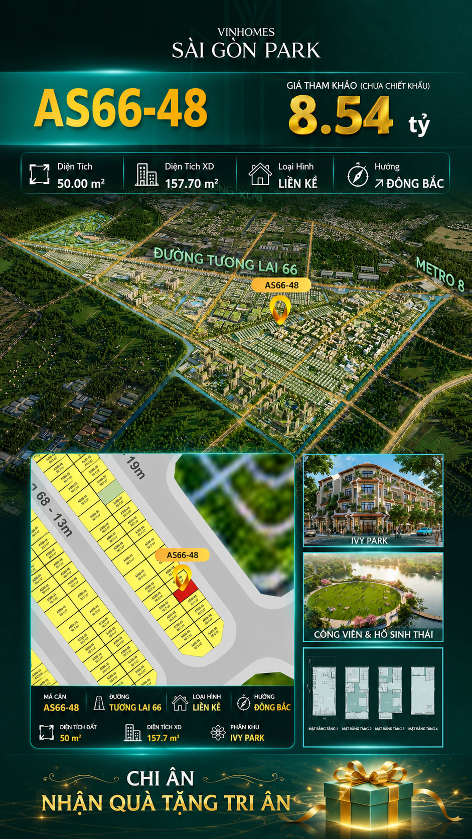Nhà phố AS66-48 Ivy Park Vinhomes Sài Gòn Park Giá 8.54 Tỷ 50m²