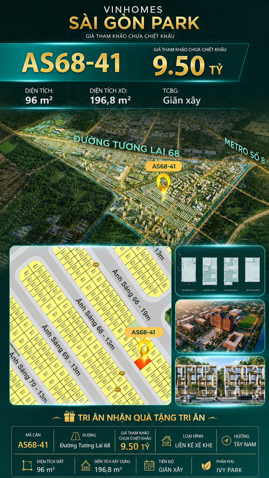 Nhà phố AS68-41 Ivy Park Vinhomes Sài Gòn Park Giá 9.50 Tỷ 96m²