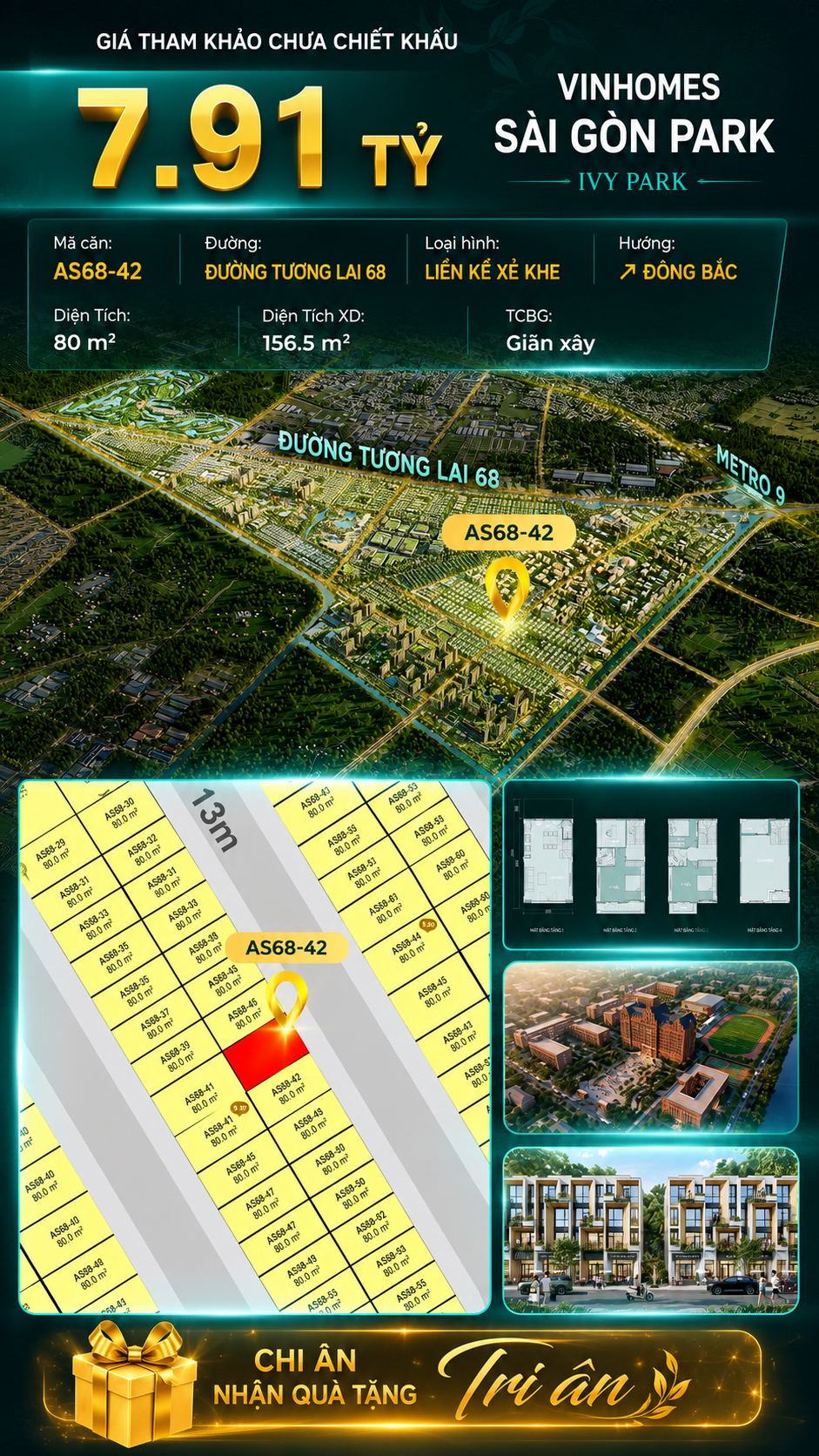 Nhà phố AS68-42 Ivy Park Vinhomes Sài Gòn Park Giá 7.91 Tỷ 80m²