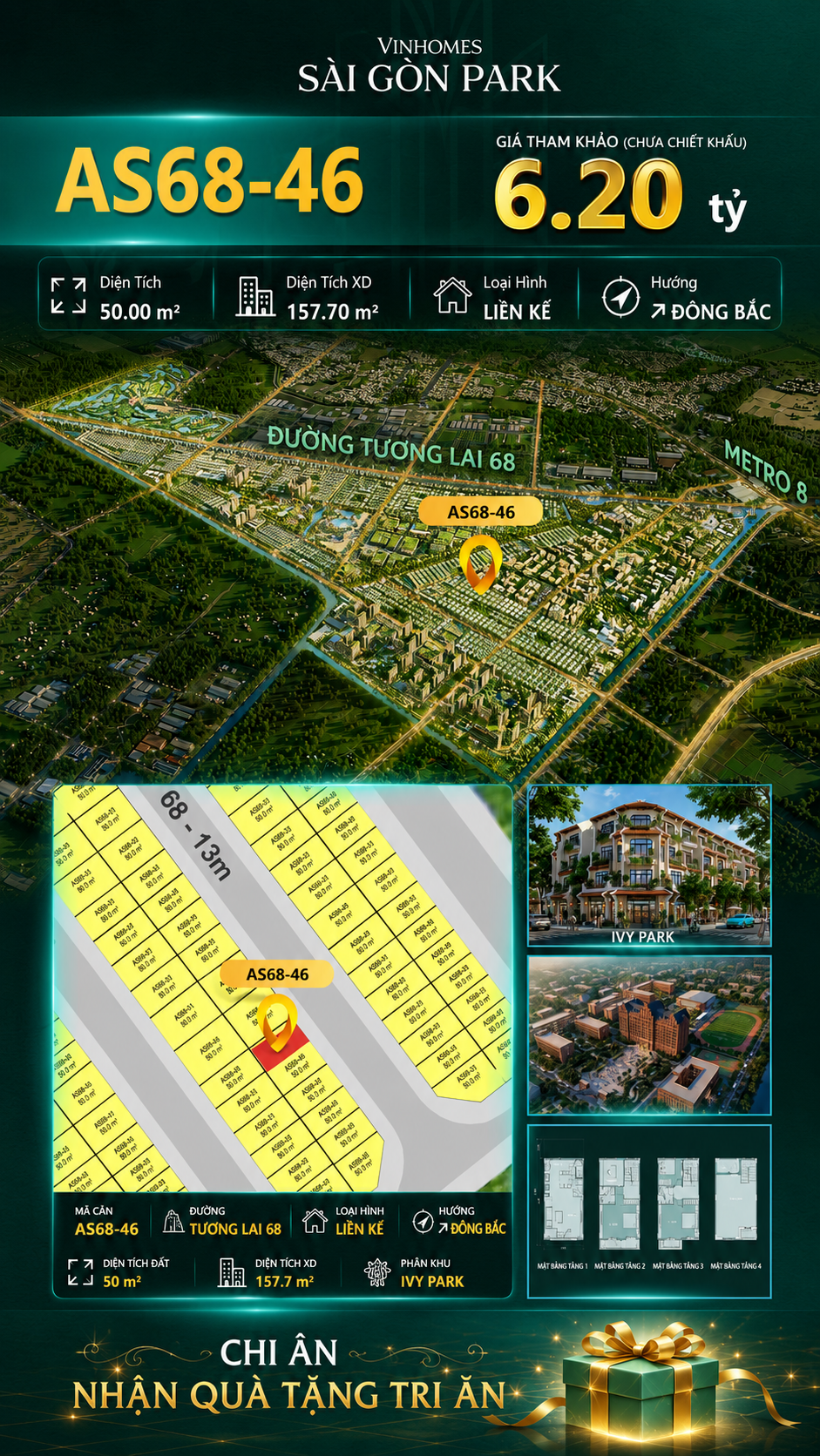 Nhà phố AS68-46 Ivy Park Vinhomes Sài Gòn Park Giá 6.20 Tỷ 50m²